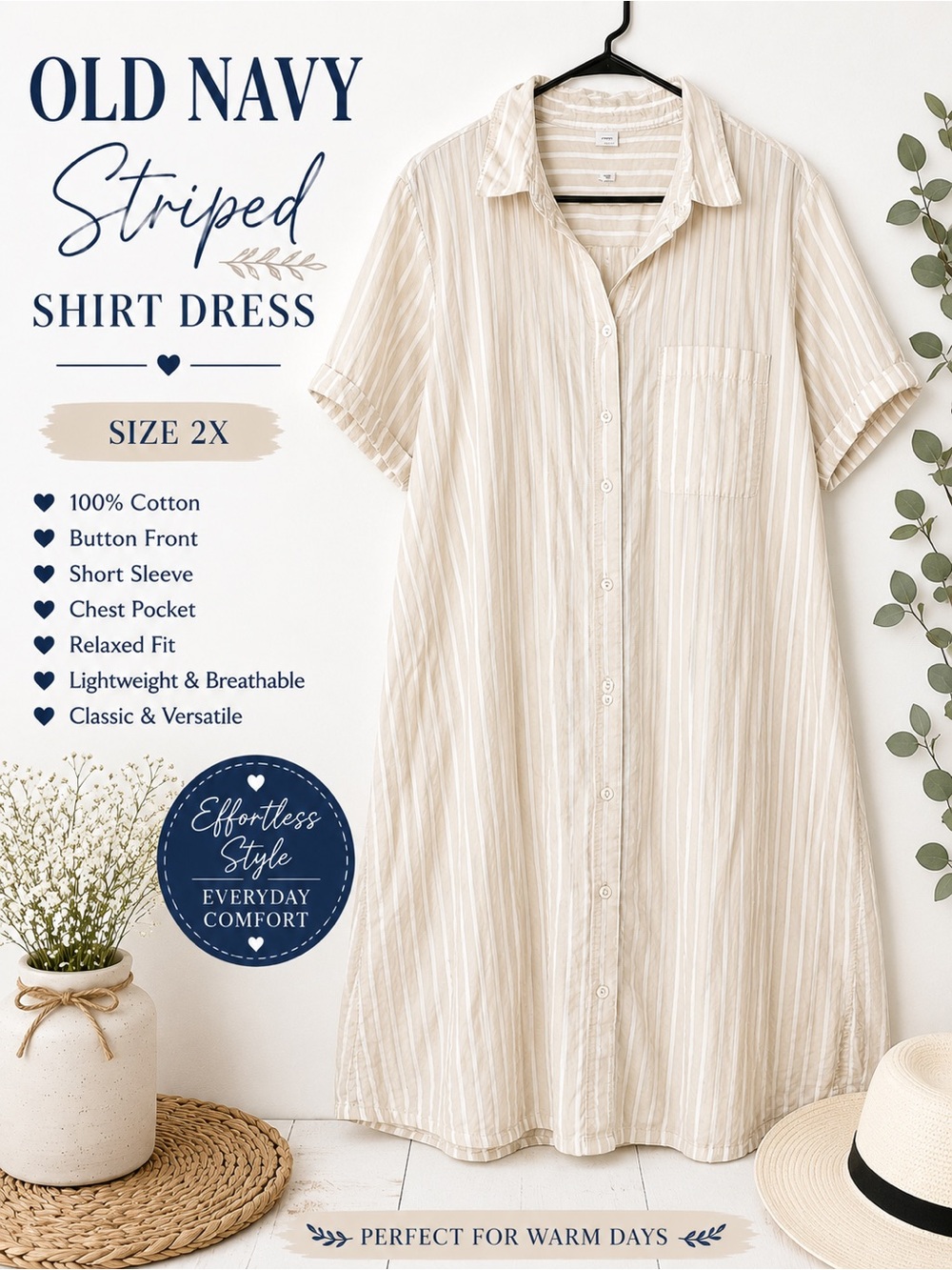 Old Navy Beige and White Striped Button-Front Shirt Dress